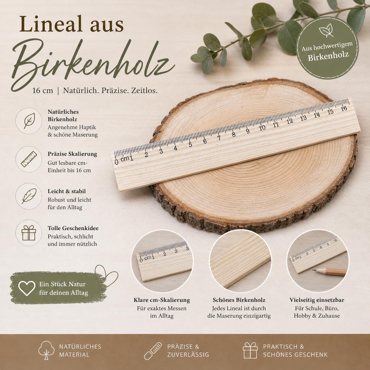 Lineal aus Holz 16 cm mit individueller Gravur Geschenk Schulkind Einschulung nachhaltig Birkenholz Holzlineal 170 x 25 x 3 mm  Geschenk