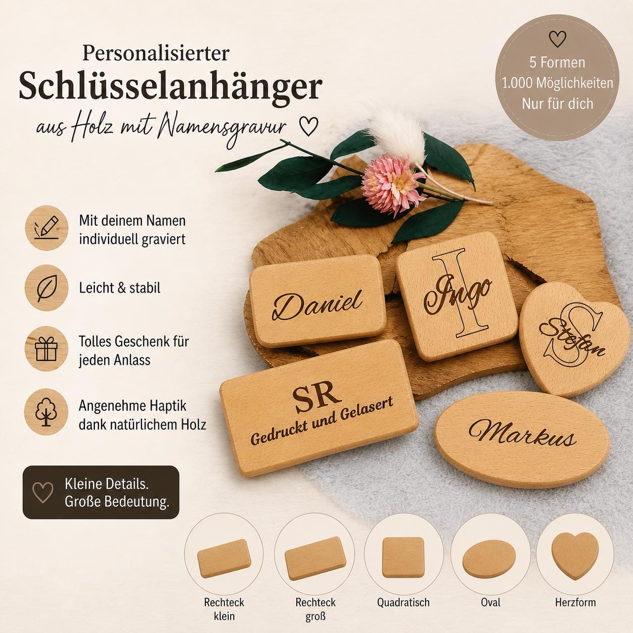 Personalisierter Schlüsselanhänger Holz mit Gravur | Individueller Holzanhänger Herz Rechteck Oval Quadrat | Gastgeschenk Hochzeit & Einzug