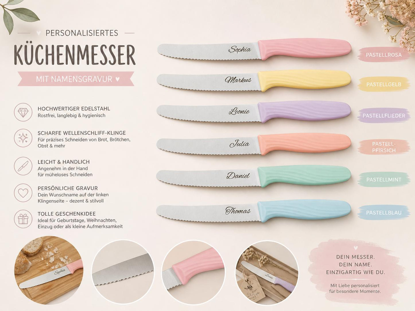 Personalisiertes Messer Pastell mit Gravur | Scharfes Brötchenmesser & Tomatenmesser | Küchenmesser| Optional mit Klingenschutz
