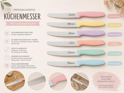 Personalisiertes Messer Pastell mit Gravur | Scharfes Brötchenmesser & Tomatenmesser | Küchenmesser| Optional mit Klingenschutz