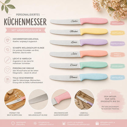 Personalisiertes Messer Pastell mit Gravur | Scharfes Brötchenmesser & Tomatenmesser | Küchenmesser| Optional mit Klingenschutz