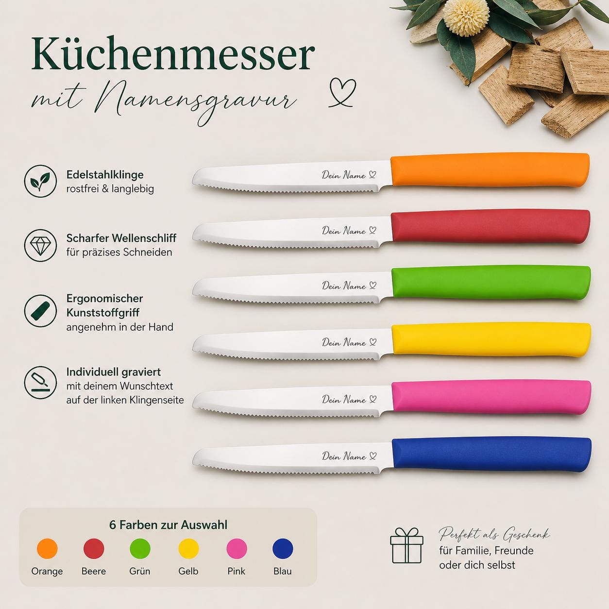 Personalisiertes Küchenmesser mit Gravur | Scharfes Brötchenmesser Wellenschliff | Individuelles Tomatenmesser | Edelstahl Vesper-Messer