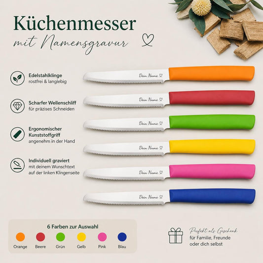 Personalisiertes Küchenmesser mit Gravur | Scharfes Brötchenmesser Wellenschliff | Individuelles Tomatenmesser | Edelstahl Vesper-Messer
