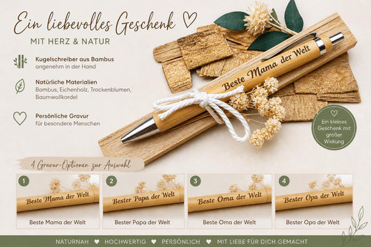 Bambus Kugelschreiber Geschenkset mit Gravur | Personalisiertes Geschenk Mama Papa Oma Opa | auf Eichenholz mit Trockenblumen Deko