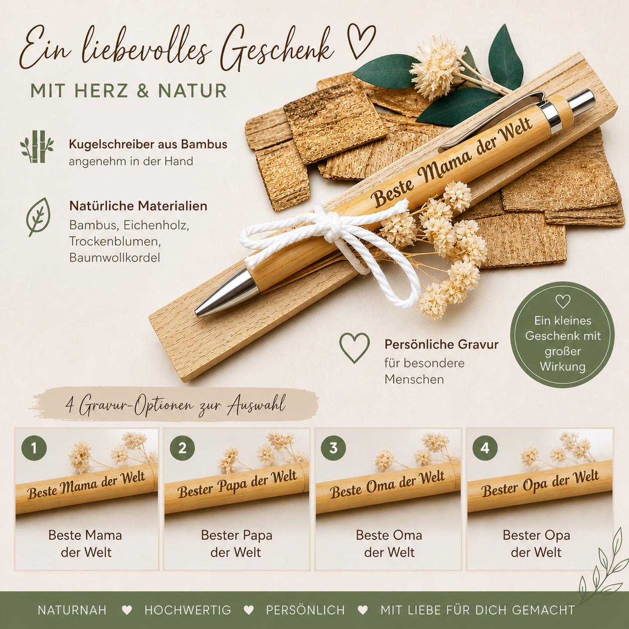 Bambus Kugelschreiber Geschenkset mit Gravur | Personalisiertes Geschenk Mama Papa Oma Opa | auf Eichenholz mit Trockenblumen Deko