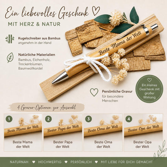 Bambus Kugelschreiber Geschenkset mit Gravur | Personalisiertes Geschenk Mama Papa Oma Opa | auf Eichenholz mit Trockenblumen Deko