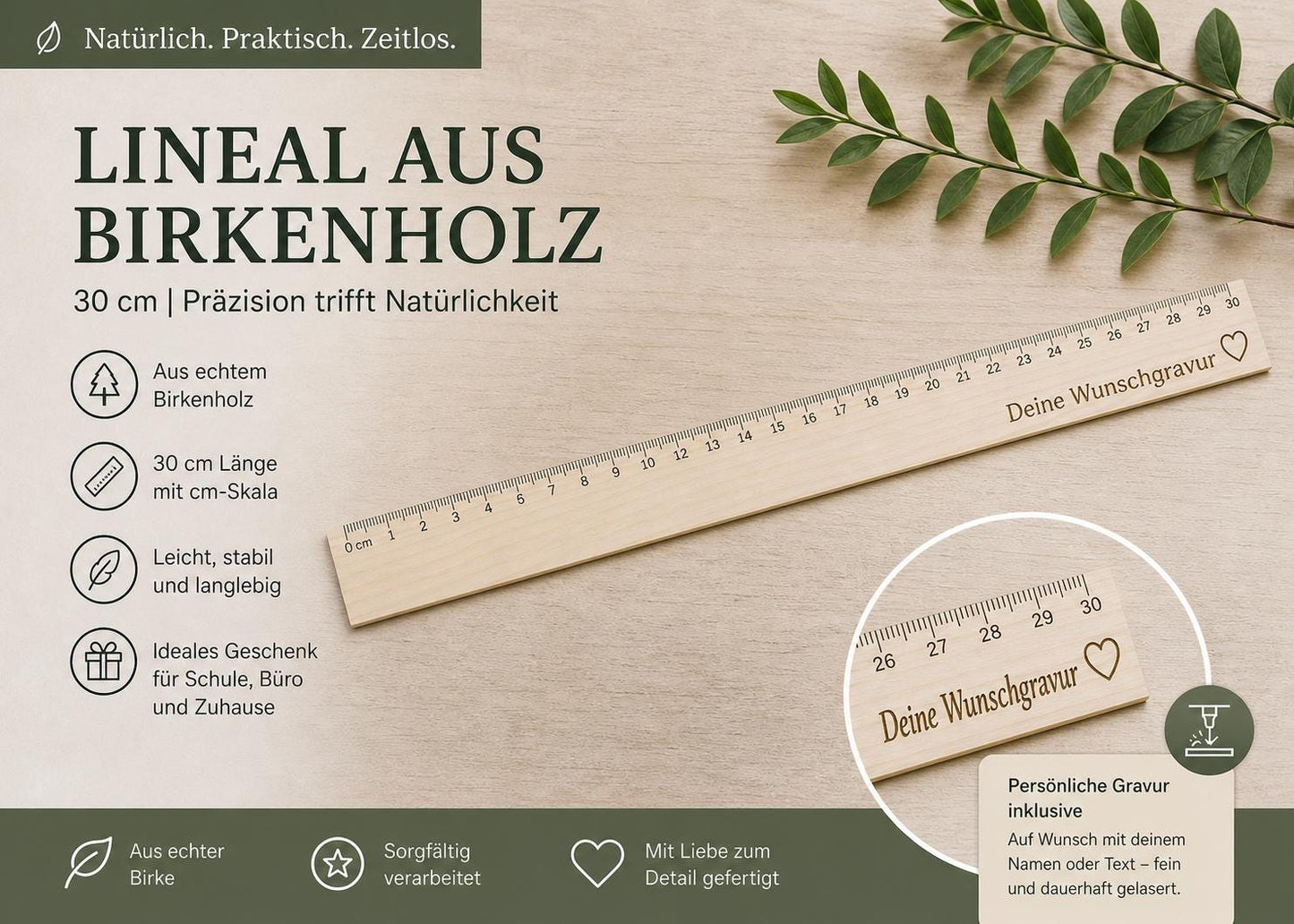 Personalisiertes Lineal 30 cm mit Name | Lineal aus Birkenholz graviert | Geschenk zur Einschulung & Schulanfang | Schulzubehör