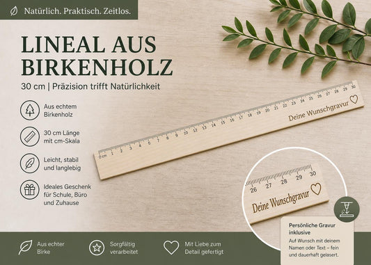 Personalisiertes Lineal 30 cm mit Name | Lineal aus Birkenholz graviert | Geschenk zur Einschulung & Schulanfang | Schulzubehör