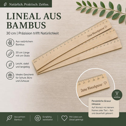 Personalisiertes Lineal aus Bambus 30 cm mit Gravur | Holzlineal mit Name | Geschenk zur Einschulung & Studium | Büro-Accessoire