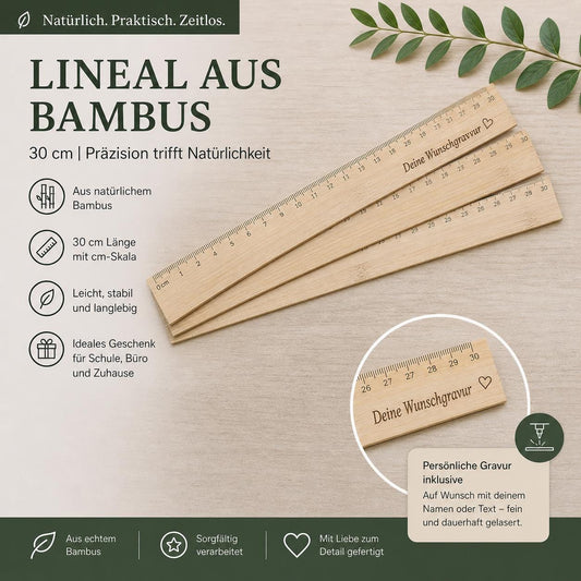 Personalisiertes Lineal aus Bambus 30 cm mit Gravur | Holzlineal mit Name | Geschenk zur Einschulung & Studium | Büro-Accessoire