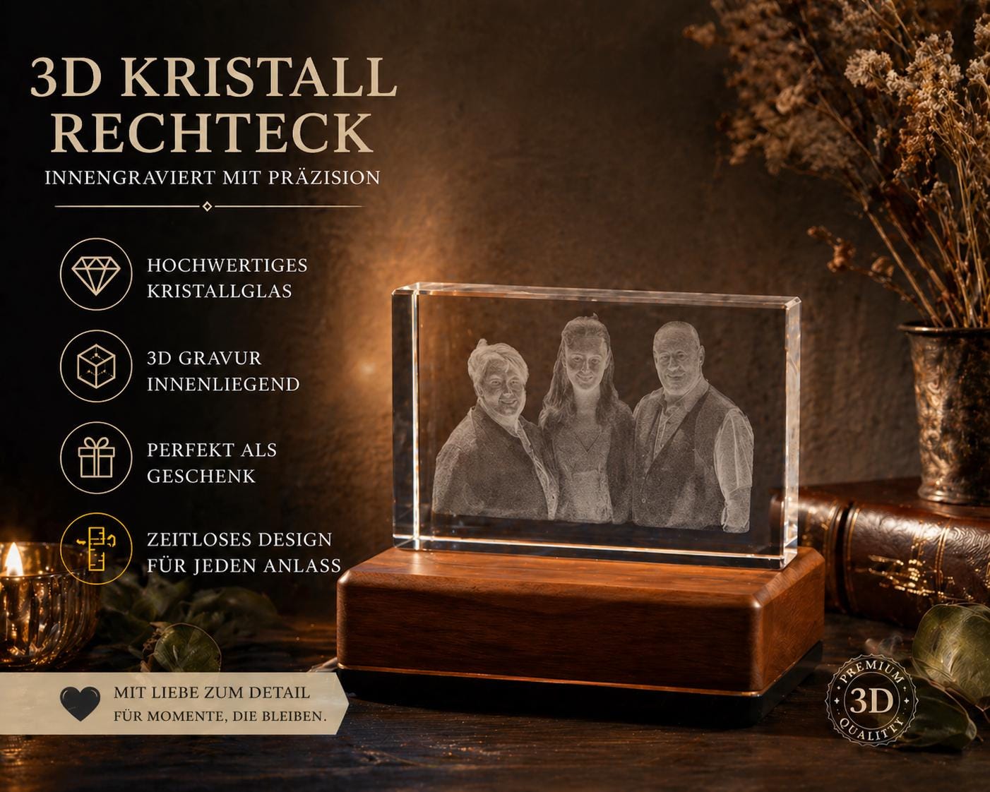 3D Foto im Kristall Quaderförmig Gravur Fotogravur 80x60x20mm