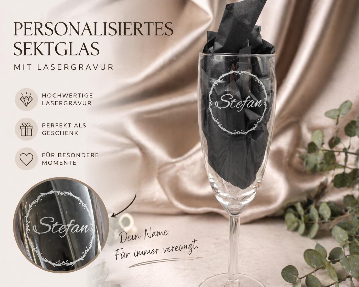 Sektglas mit Gravur personalisiert Glas Sektkelch 210ml Geschenkidee Namensgravur