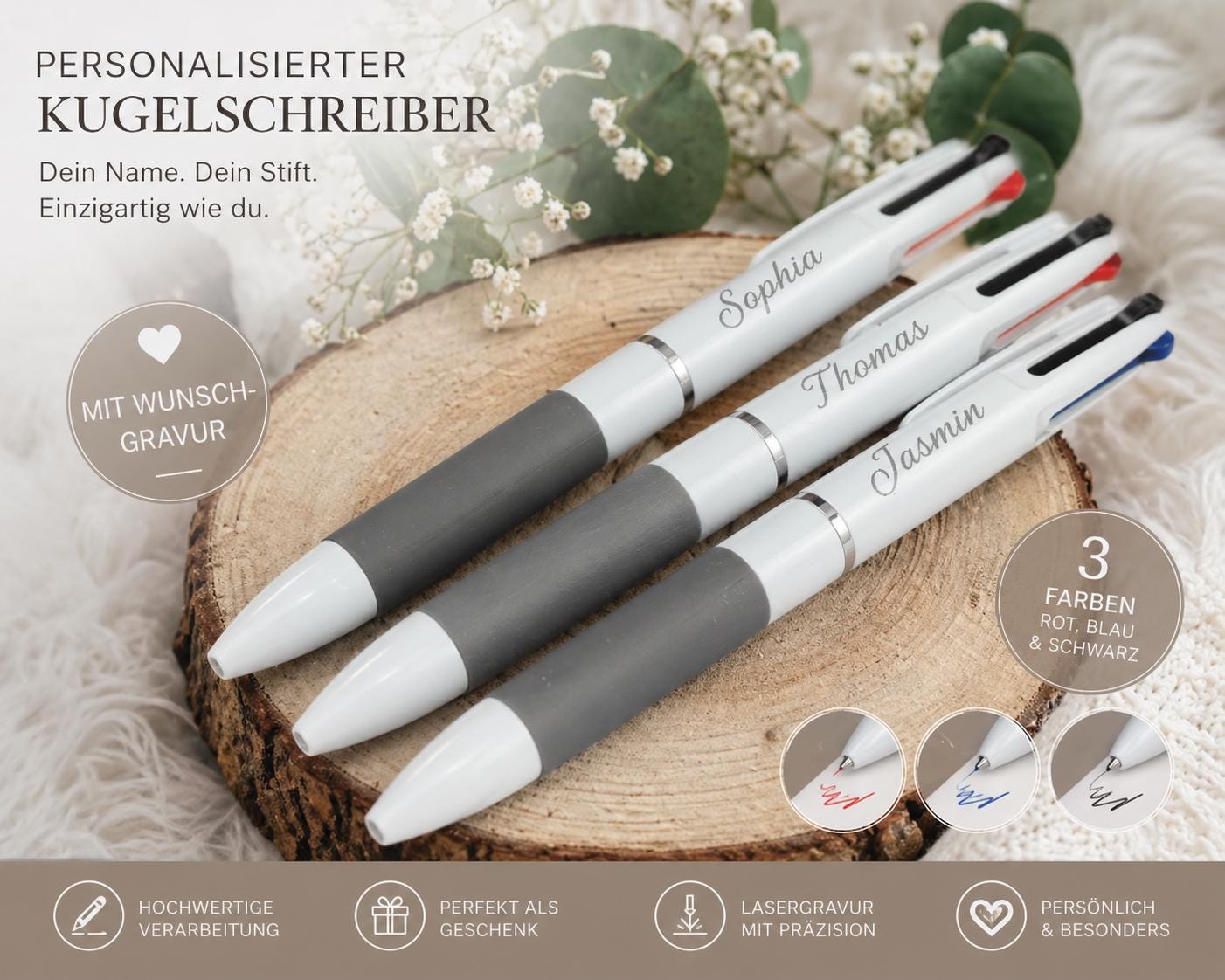 Kugelschreiber 3 in 1 personalisiert mit Gravur schreibt schwarz, rot oder blau Kuli Stift Holz Gastgeschenk Geschenk Gift