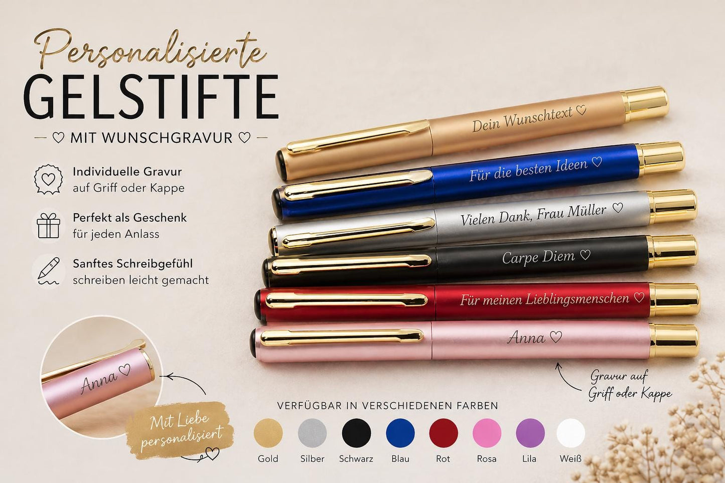 Gelstift personalisiert mit Gravur Kugelschreiber verschiedene Farben Kuli Stift Holz Gastgeschenk Geschenk