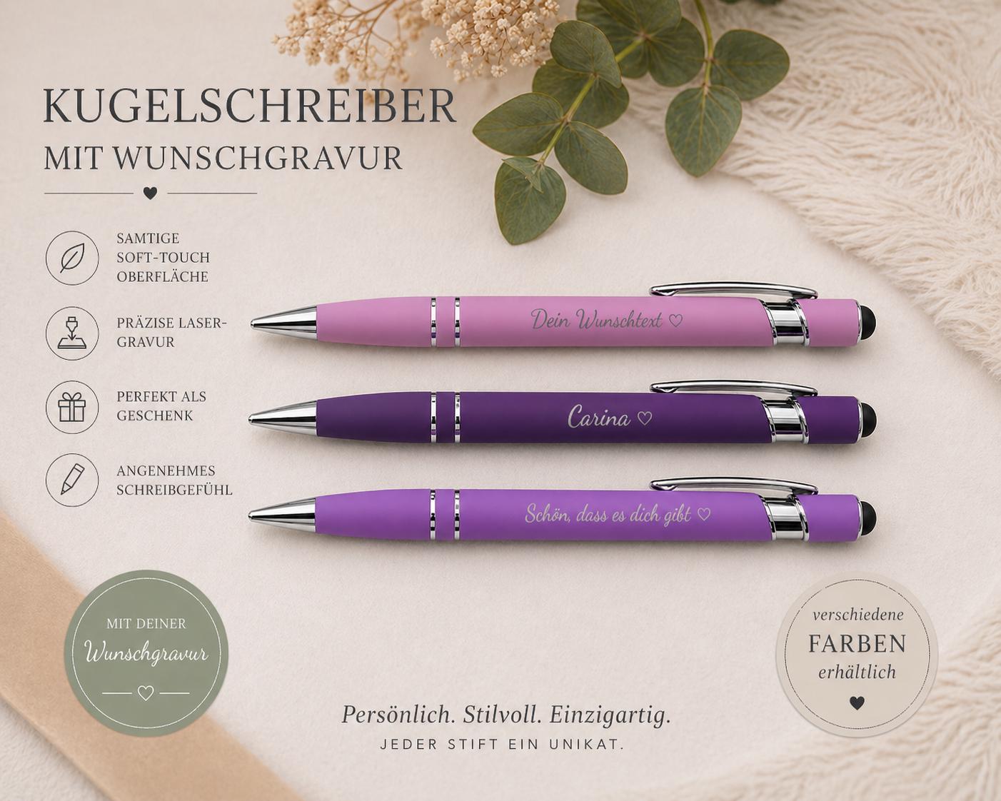 Kugelschreiber personalisiert mit Touchpen lila flieder dunkellila aus Aluminium mit Gravur Kuli Stift Holz Gastgeschenk Geschenk