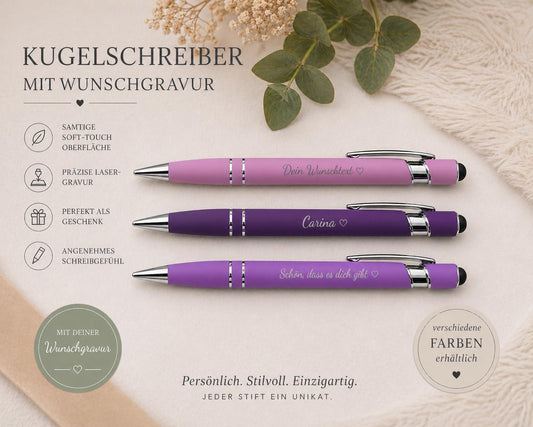 Kugelschreiber personalisiert mit Touchpen lila flieder dunkellila aus Aluminium mit Gravur Kuli Stift Holz Gastgeschenk Geschenk