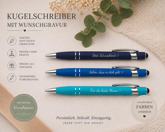 Kugelschreiber personalisiert mit Touchpen blau himmelblau oder dunkelblau aus Aluminium mit Gravur Kuli Stift Holz Gastgeschenk Geschenk