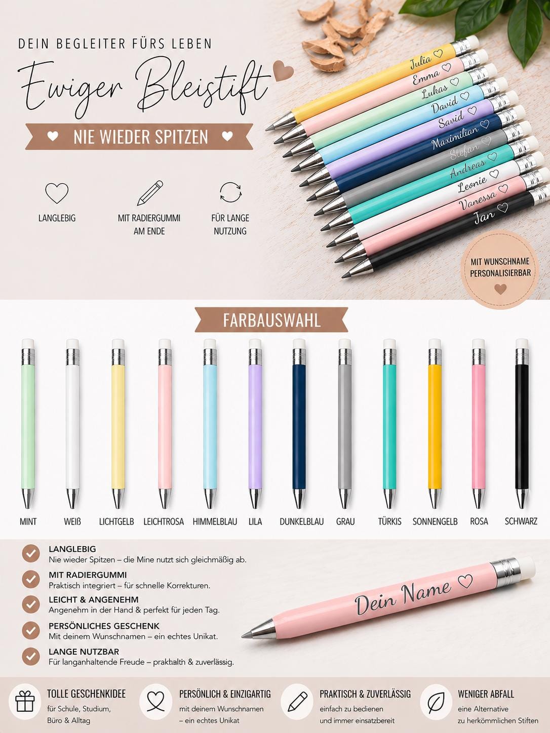 Ewiger Bleistift personalisiert mit Gravur Stift Gastgeschenk inkl. 2 Ersatzminen 12 Farben