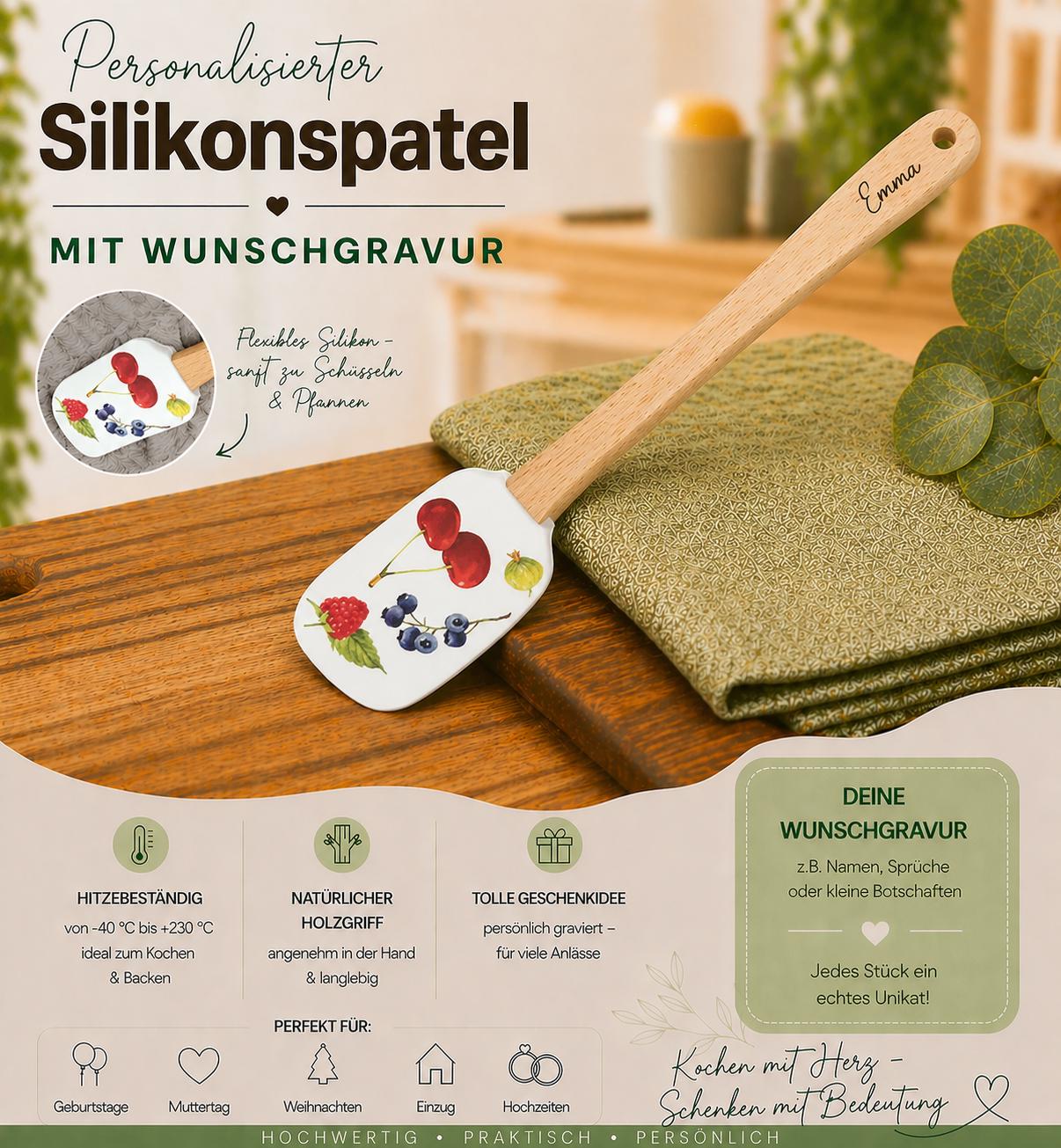 Teigschaber Silikonspatel personalisiert Früchtetraum Berry  backen, kochen ca. 25 cm lang mit Wunschgravur personalisiert Geschenk