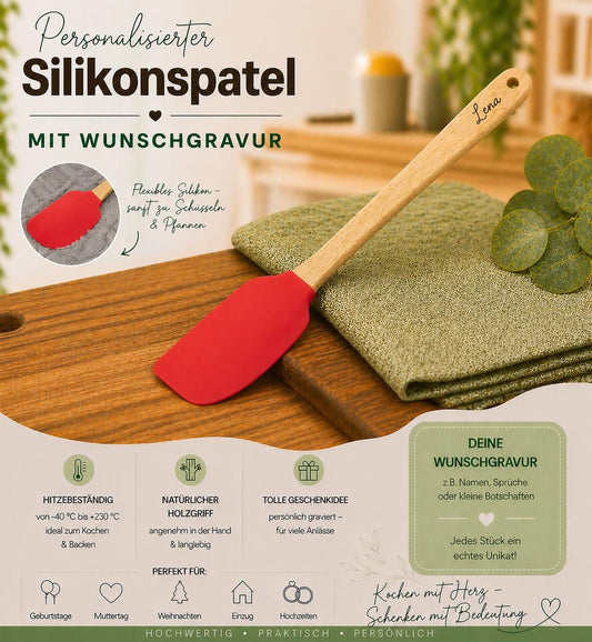 Teigschaber Silikonspatel personalisiert unifarben rot  backen, kochen ca. 25 cm lang mit Wunschgravur personalisiert Geschenk