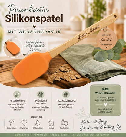 Teigschaber Silikonspatel personalisiert Bambus flach Pfirsich Marmelade, backen, kochen uvm. ca. 21 cm lang mit Wunschgravur