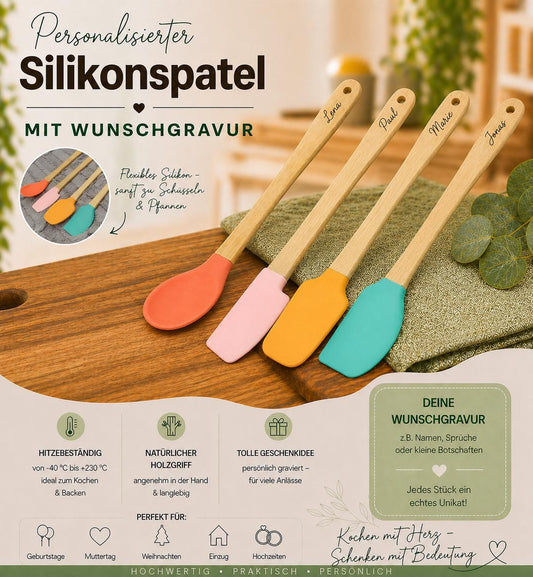 Teigschaber Silikonschaber Silikonspatel Löffel Pinsel  4 zur Auswahl backen, kochen uvm. ca. 21 cm lang mit Wunschgravur personalisiert