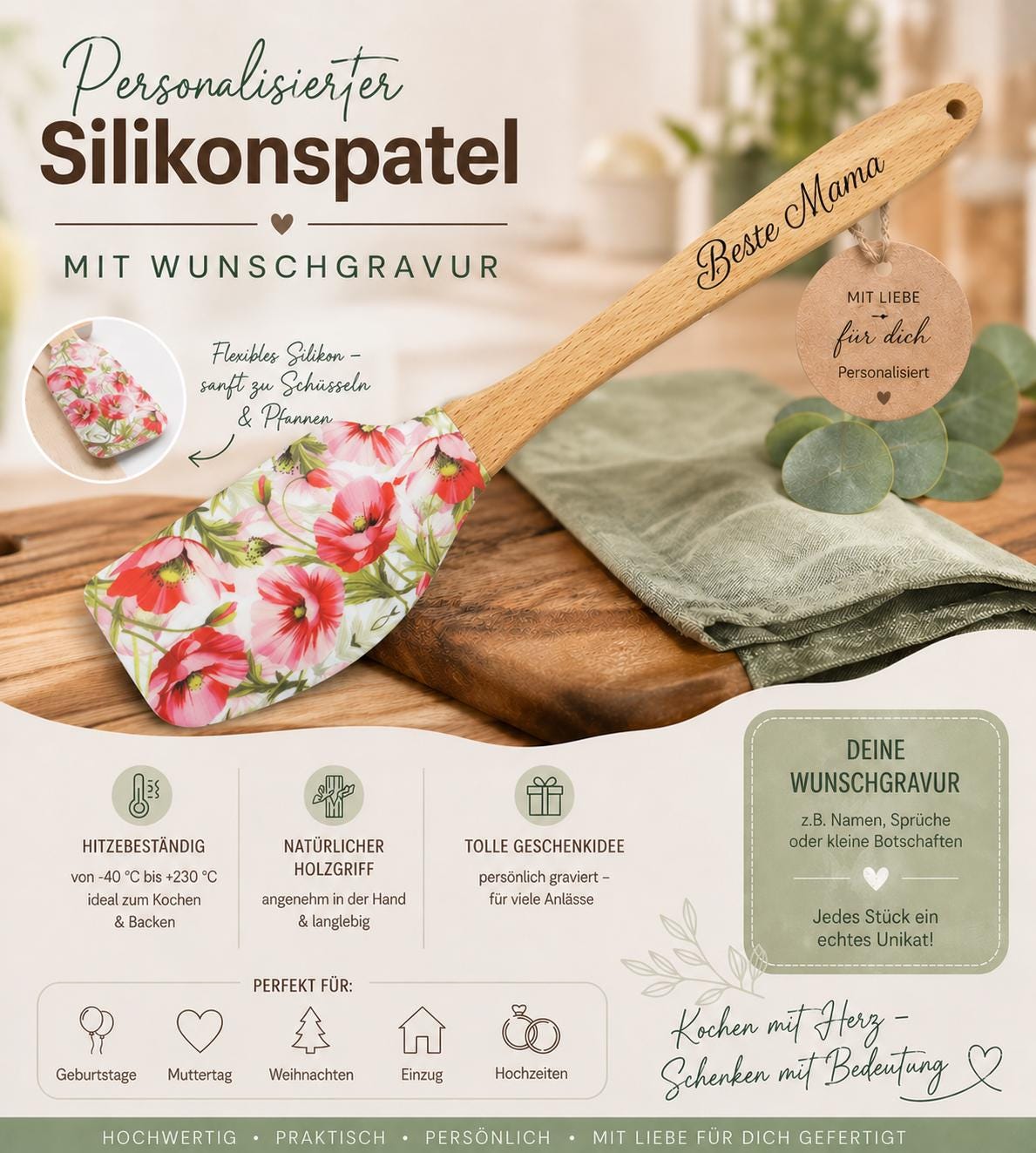 Teigschaber Silikonspatel personalisiert Blumen floral  backen, kochen ca. 25 cm lang mit Wunschgravur personalisiert Geschenk