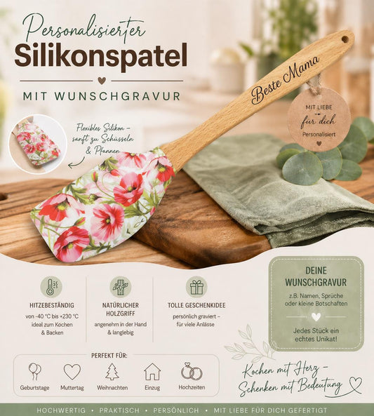 Teigschaber Silikonspatel personalisiert Blumen floral  backen, kochen ca. 25 cm lang mit Wunschgravur personalisiert Geschenk