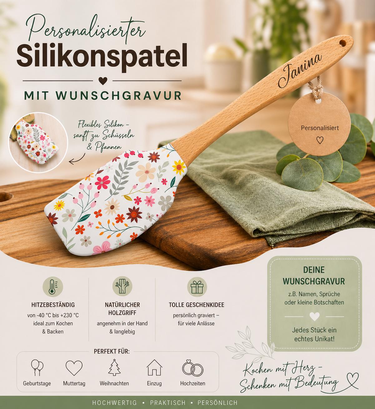 Silikonspatel Blumen floral Teigschaber backen, kochen ca. 25 cm lang mit Wunschgravur personalisiert Geschenk