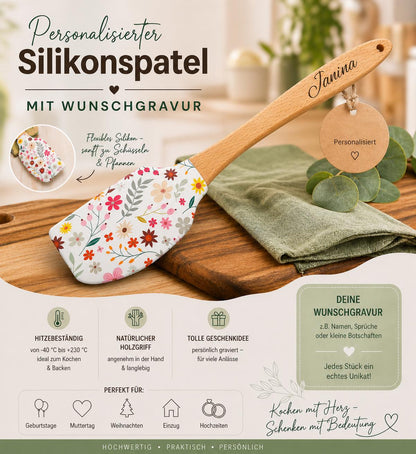 Silikonspatel Blumen floral Teigschaber backen, kochen ca. 25 cm lang mit Wunschgravur personalisiert Geschenk