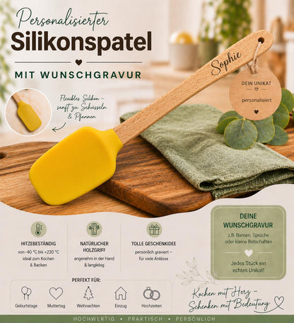 Teigschaber Silikonspatel Silikonlöffel gelb  backen, kochen uvm. ca. 21 cm lang mit Wunschgravur personalisiert Geschenk