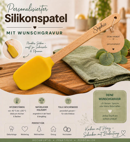 Teigschaber Silikonspatel Silikonlöffel gelb  backen, kochen uvm. ca. 21 cm lang mit Wunschgravur personalisiert Geschenk