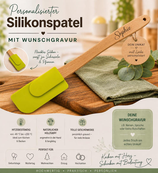 Teigschaber Silikonspatel Spatel grün  backen, kochen uvm. ca. 25 cm lang mit Wunschgravur personalisiert Geschenk