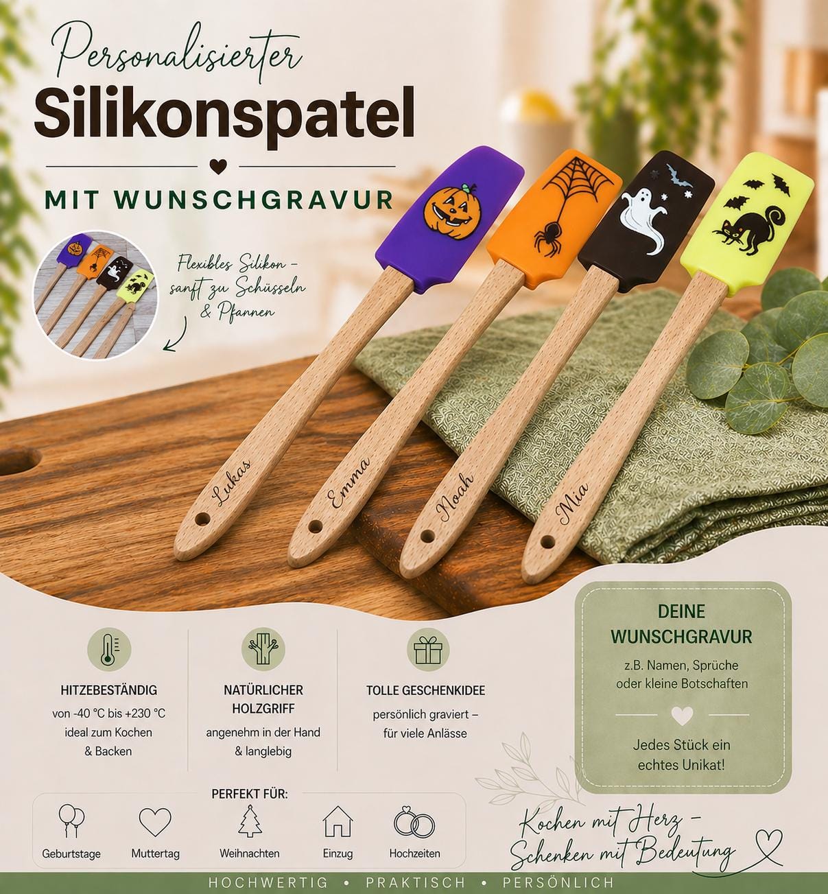 Teigschaber Silikonspatel Bambus Löffel  mit Motiv backen, kochen, grillen ca. 21 cm lang Katze Spinne Kürbis Gespenst Halloween Geschenk