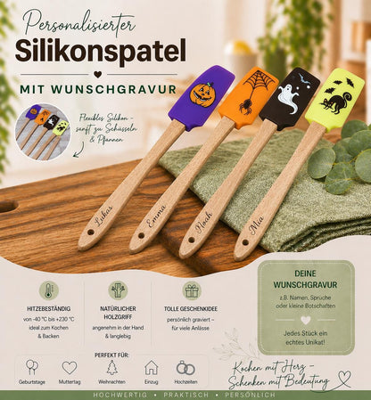 Teigschaber Silikonspatel Bambus Löffel  mit Motiv backen, kochen, grillen ca. 21 cm lang Katze Spinne Kürbis Gespenst Halloween Geschenk