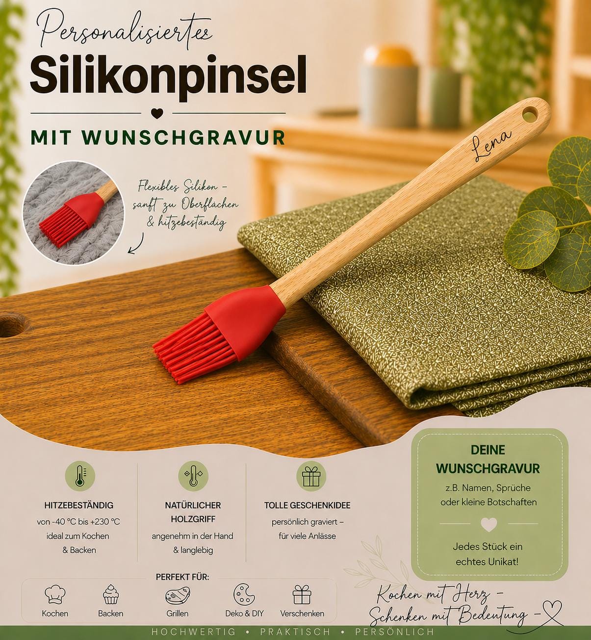 Silikonpinsel personalisiert Bambus Backpinsel rot backen, marinieren, kochen mit individueller Gravur Geschenk