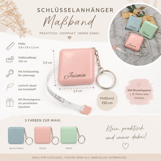 Personalisierter Schlüsselanhänger Maßband mit Gravur | Maßband 150cm | Individuelles Geschenk mit Name | Praktisches Rollmaßband