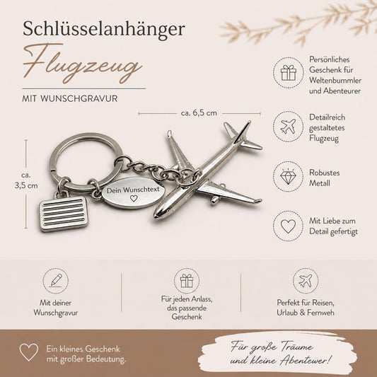 Personalisierter Schlüsselanhänger Flugzeug mit Gravur | Metall Anhänger Koffer & Name | Geschenk für Reisende Piloten | Glücksbringer