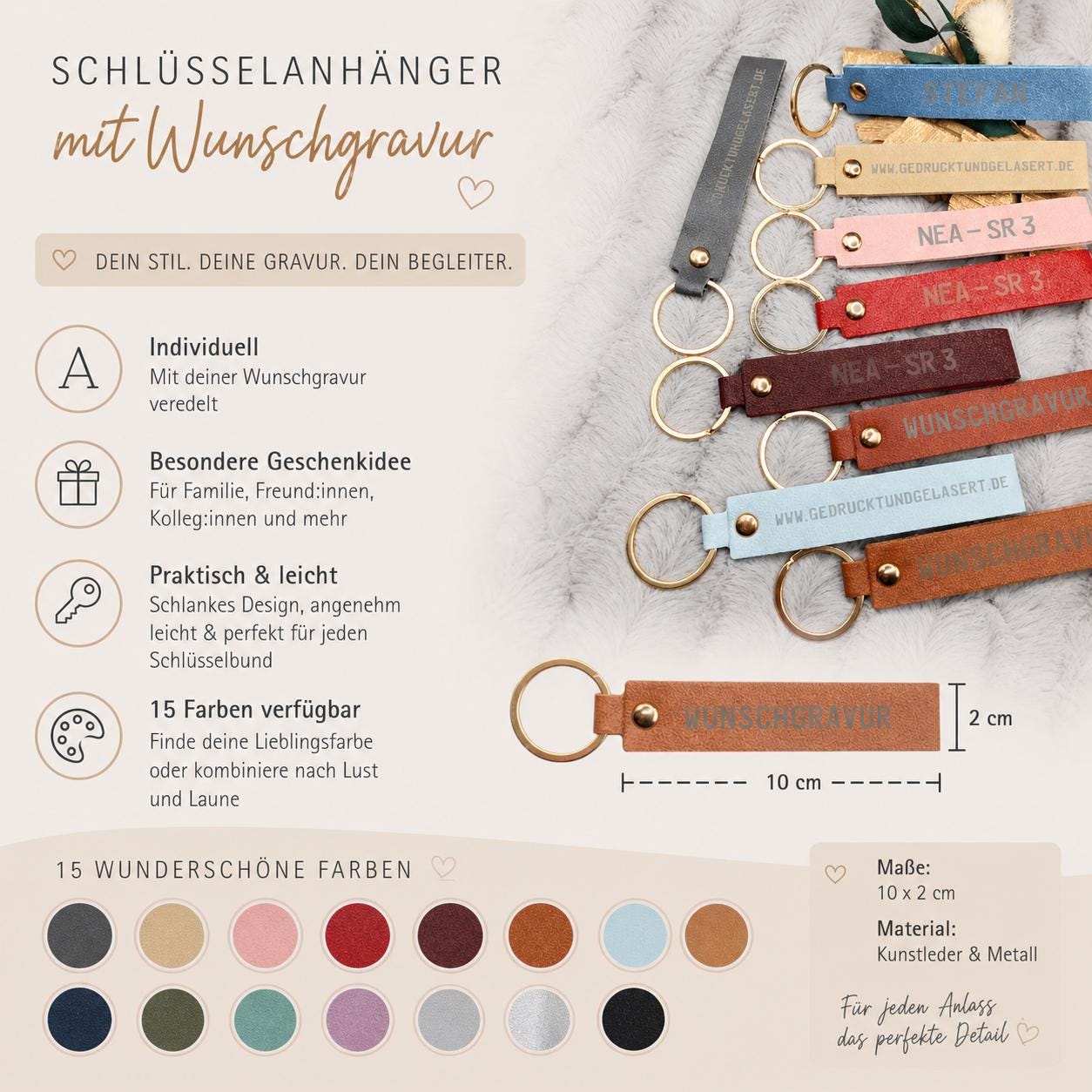 Personalisierter Schlüsselanhänger Kunstleder mit Name | Individueller Anhänger | Gastgeschenk Hochzeit&Geburtstag | Schlüsselband 15 Farben