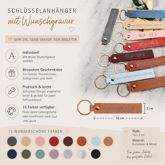 Personalisierter Schlüsselanhänger Kunstleder mit Name | Individueller Anhänger | Gastgeschenk Hochzeit&Geburtstag | Schlüsselband 15 Farben