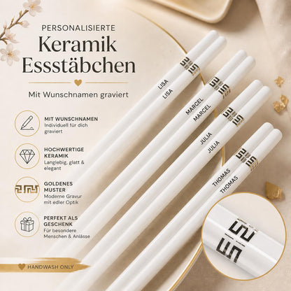 Personalisierte Essstäbchen aus Keramik mit Gravur | 1 Paar Chopsticks mit Name | Weiß & Gold | Individuelles Geschenk Sushi-Liebhaber