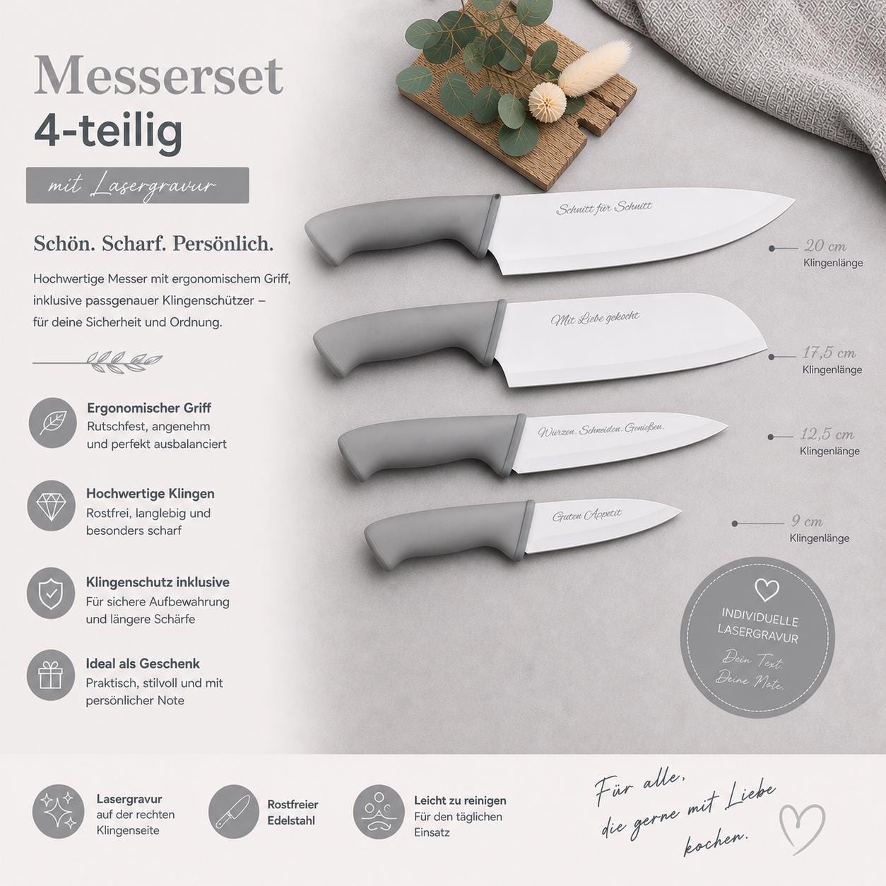 Personalisiertes Messerset 4-teilig grau mit Gravur | Kochmesser Santoku Küchenmesser Gemüsemesser | Edelstahl | Einzug & Hochzeit