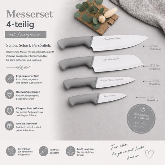 Personalisiertes Messerset 4-teilig grau mit Gravur | Kochmesser Santoku Küchenmesser Gemüsemesser | Edelstahl | Einzug & Hochzeit
