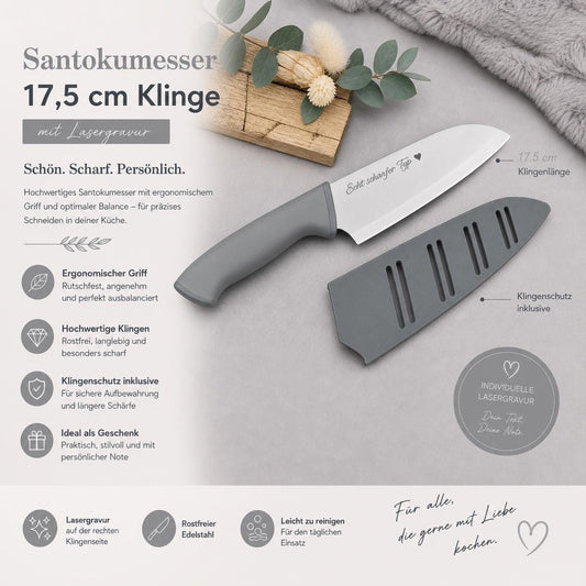 Personalisiertes Santokumesser mit Gravur | Scharfes Kochmesser Edelstahl | Individuelles Küchenmesser mit Name & Schutzhülle | 17,5 cm
