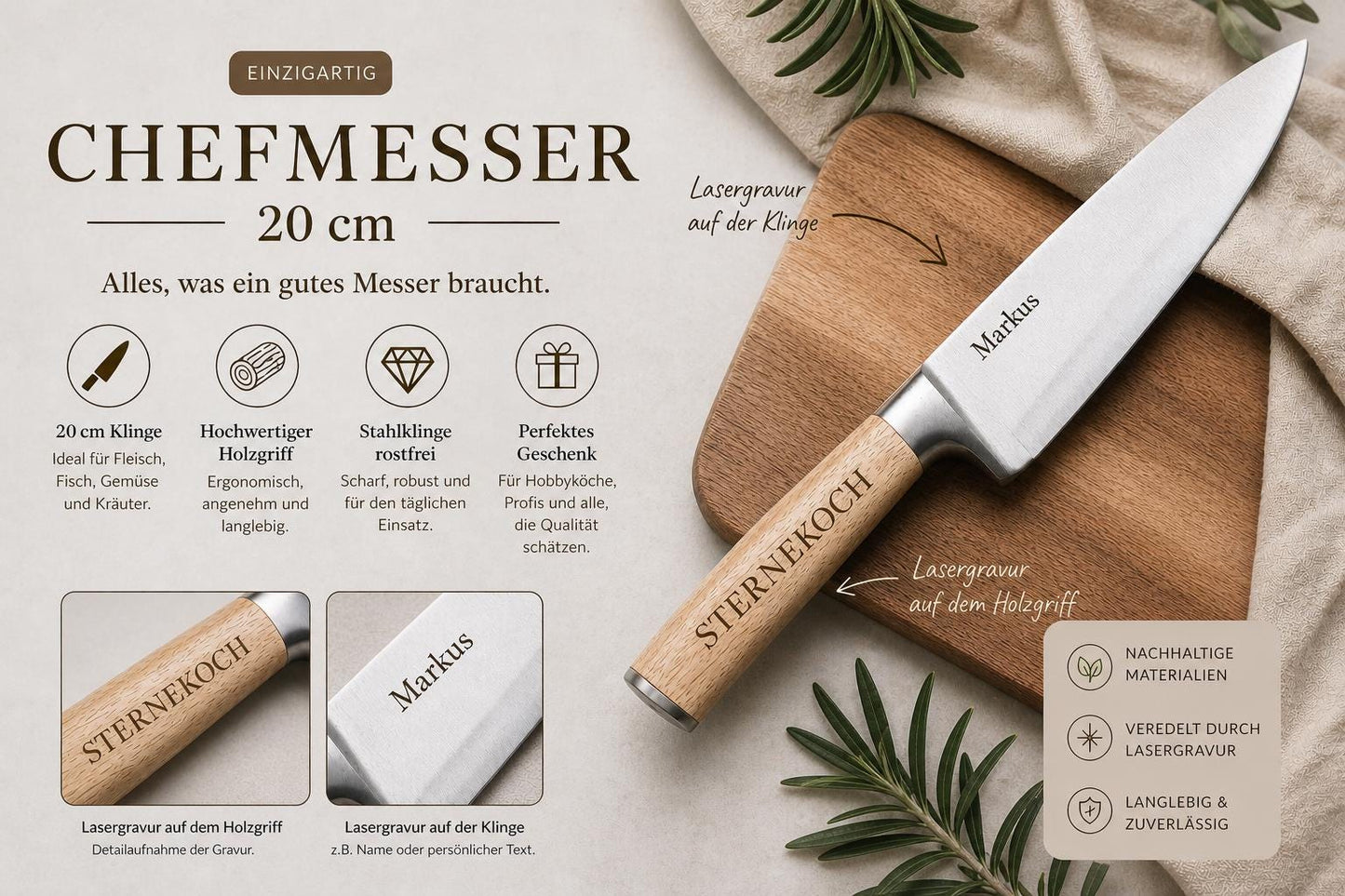 Massives Kochmesser mit Holzgriff & Gravur | Personalisiertes Chefmesser Edelstahl 20 cm | Geschenk für Grillmeister, Köche