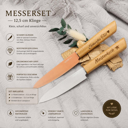 Personalisiertes Gemüsemesser-Set 2-teilig | Bambus-Griff mit Gravur | Obstmesser mit Name | Küchengeschenk Duo | 12,5 cm Klinge