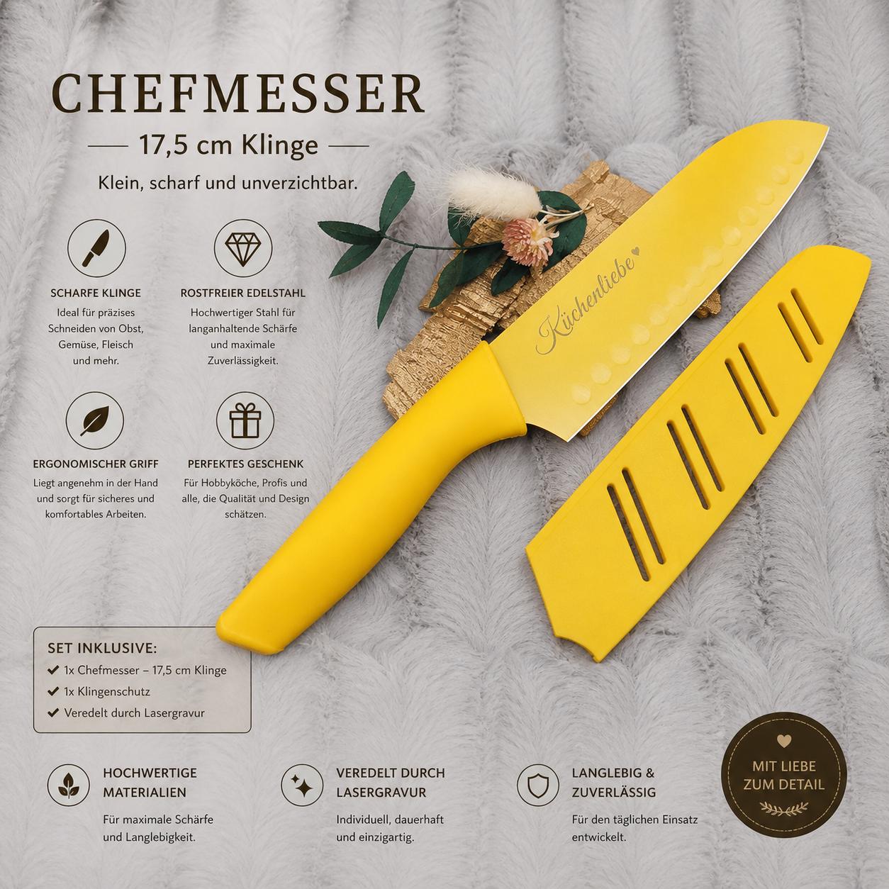 Personalisiertes Chefmesser mit Gravur | Scharfes Küchenmesser Edelstahl 17,5 cm | Messer mit Name & Klingenschutz | Antihaft-Beschichtung