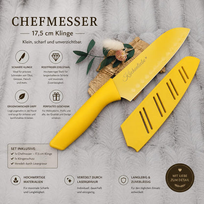 Personalisiertes Chefmesser mit Gravur | Scharfes Küchenmesser Edelstahl 17,5 cm | Messer mit Name & Klingenschutz | Antihaft-Beschichtung