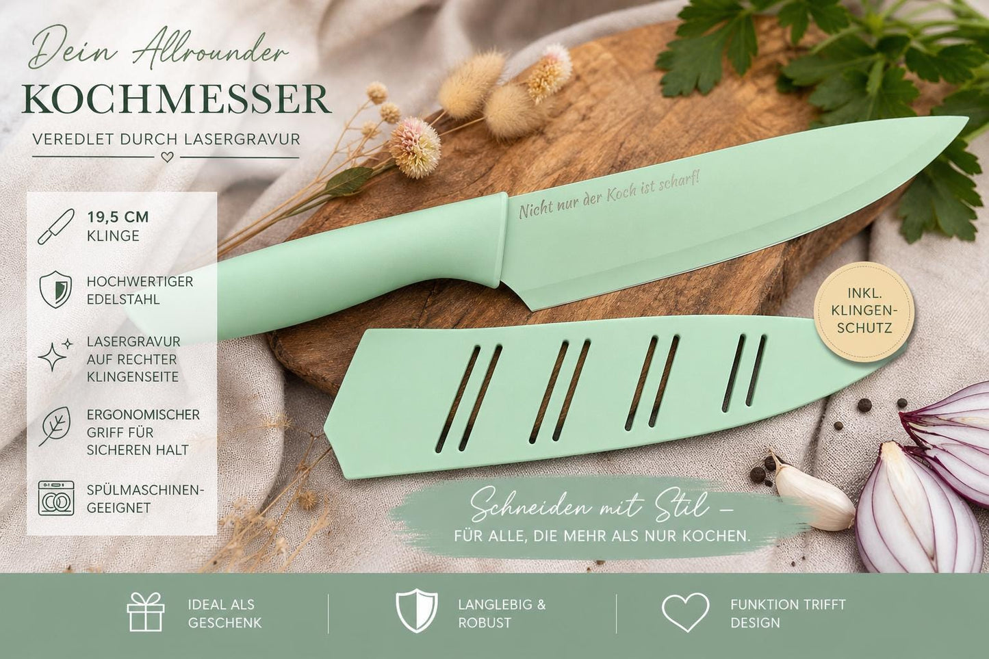 Personalisiertes Kochmesser mit Gravur | Scharfes Küchenmesser Edelstahl 19,5 cm | Chefmesser mit Name & Klingenschutz | Ergonomischer Griff