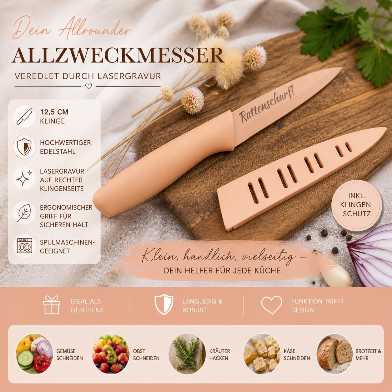 Personalisiertes Allzweckmesser Apricot mit Gravur | Scharfes Küchenmesser Edelstahl 12,5 cm | Universalmesser mit Name & Klingenschutz